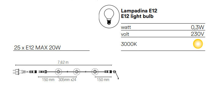 Stringa elettrificata per esterno IP44 lampade E12 incluse cavo 7.62 metri in PVC con spina schuko e connettore modulabile luce calda 3000°k PICNIC Stringa elettrificata per esterno IP44 lampade E12 incluse cavo 7.62 metri in PVC con spina schuko e connettore modulabile luce calda 3000°k PICNIC